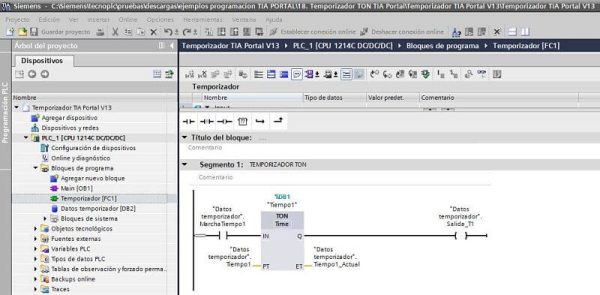 Temporizador TON TIA Portal insertado en un FC