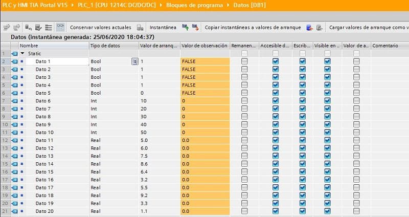 Valor actual de datos de un DB en conexión Online TIA Portal
