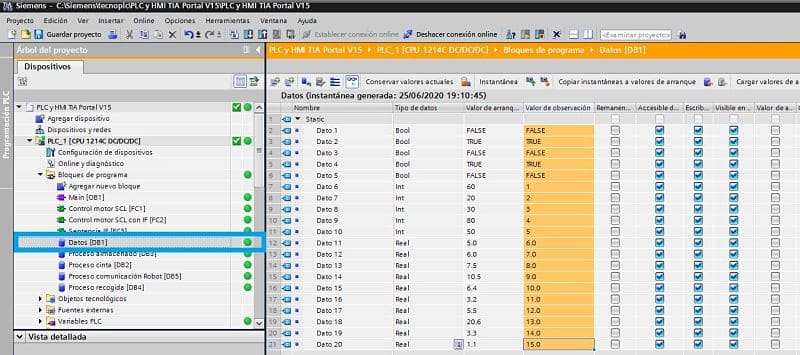 Al transferir DB a PLC los datos no se han modificado