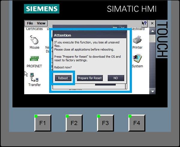 Botón Reboot para reiniciar HMI desde el panel