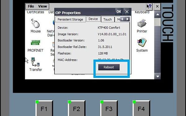 Reiniciar HMI desde el panel de control de una Comfort Panel