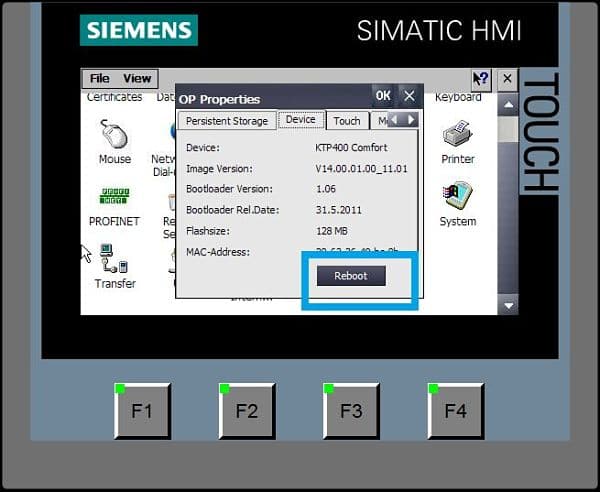 Reiniciar HMI desde el panel de control de una Comfort Panel