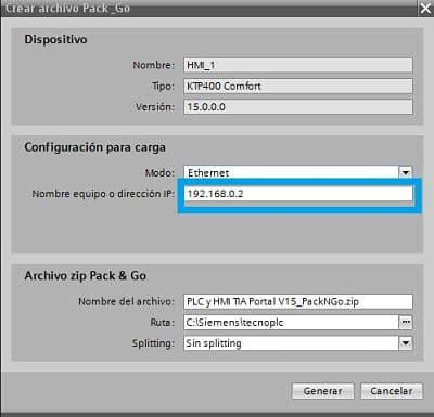 Dirección IP de la HMI a la cual hay que enviar el Pack and GO TIA Portal