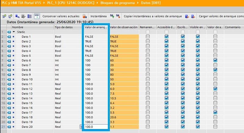 Modificamos los valores de arranque para poder transferir DB a PLC TIA Portal