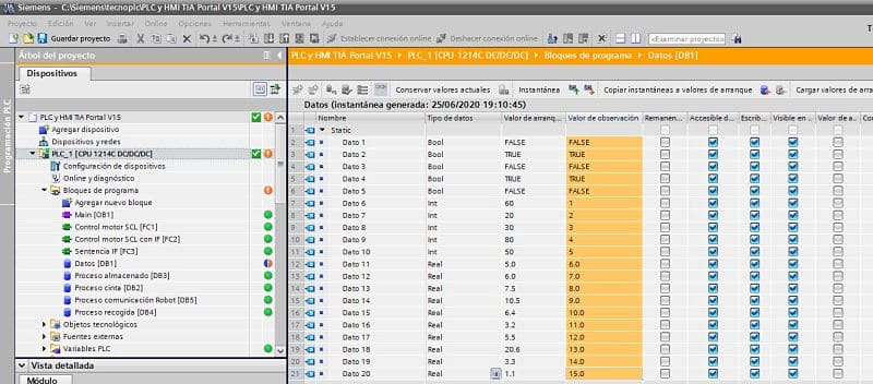 Observar valores Online del DB de datos en TIA Portal