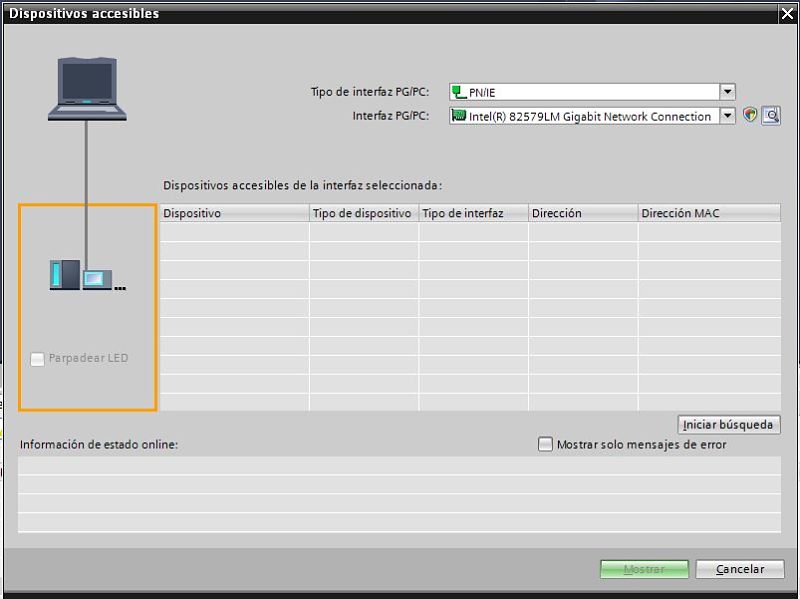 Opción de búsqueda de PLC en la red en TIA Portal