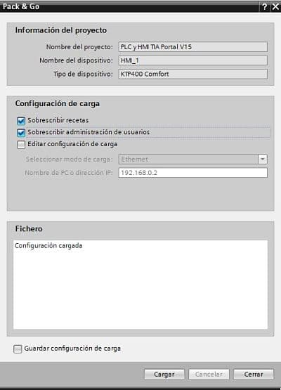 Pack and Go TIA Portal para transferir el archivo a la HMI