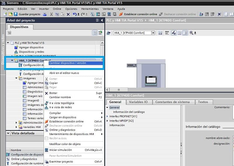 Seleccionar cambio de dispositivo desde el árbol del proyecto