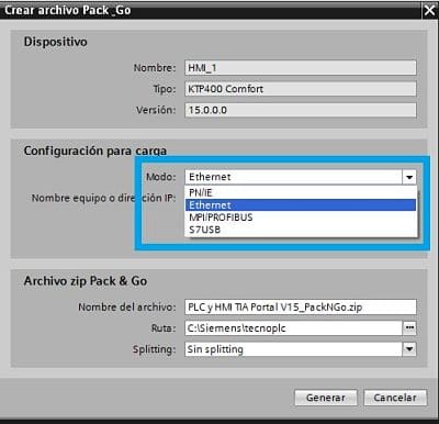 Seleccionar el modo de transferencia para el archivo Pack and Go TIA Portal