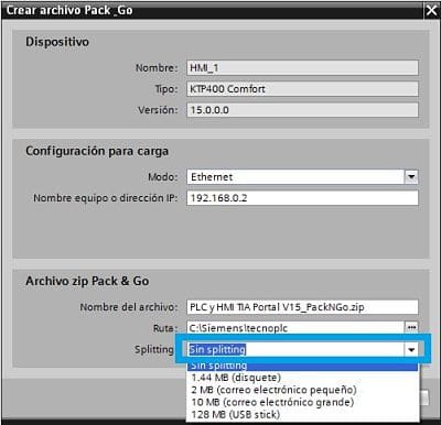 Seleccionar la opción sin splitting para crear el archivo zip