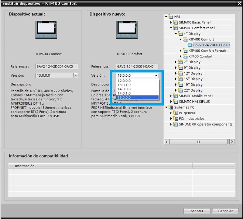 Seleccionar versión para cambiar Firmware HMI TIA Portal