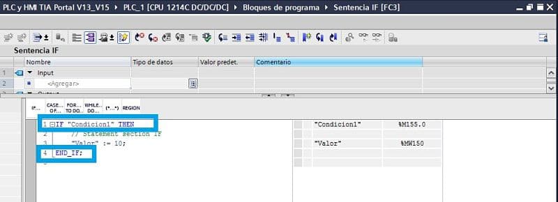 Si no se cumple la condición de SCL TIA PORTAL IF saltará al final de la sentencia