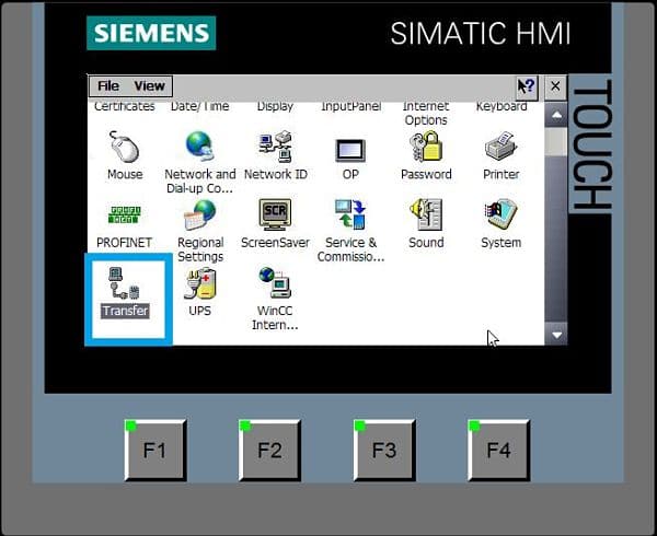 Transfer Settings en el panel de control de la HMI