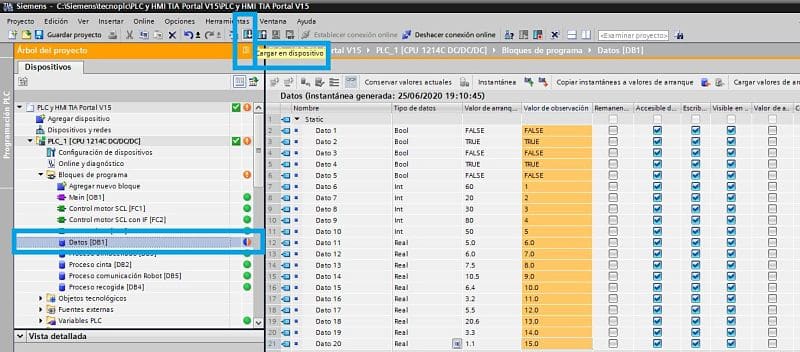 Transferir DB a PLC en TIA Portal todo el bloque