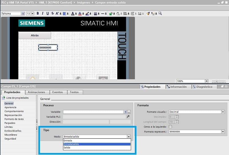 Campo entrada salida TIA Portal cómo configurar el modo de funcionamiento