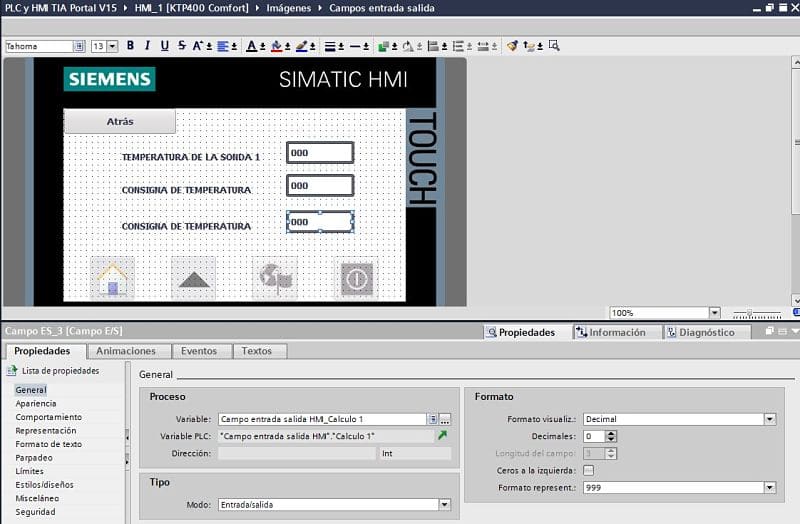 Campo entrada salida TIA Portal en HMI configuración y uso