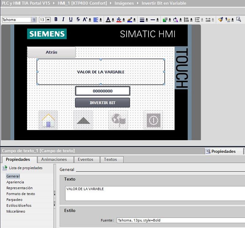 Crear pantalla con los objetos para el script invertir bit TIA Portal