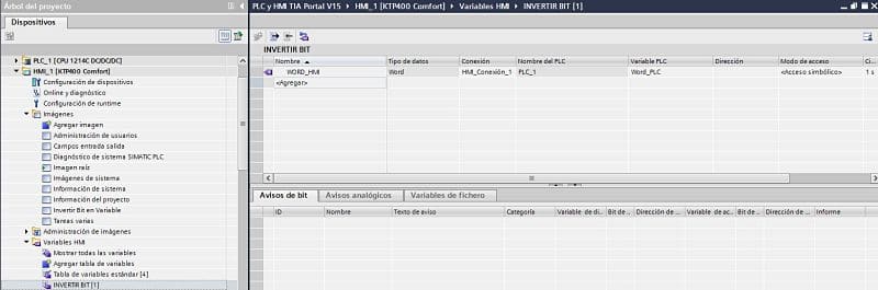 Crear variable en HMI para Script Invertir bit TIA Portal