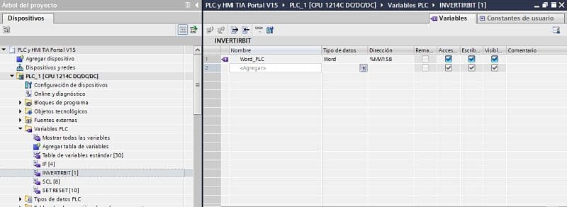 Crear variable tipo WORD en el PLC en TIA Portal