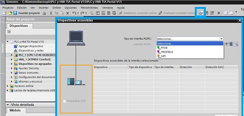 Dispositivos accesibles en TIA Portal comunicación PLC