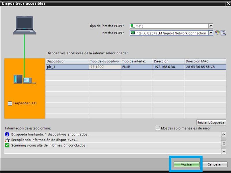 TIA Portal comunicación PLC dispositivo encontrado en la Red