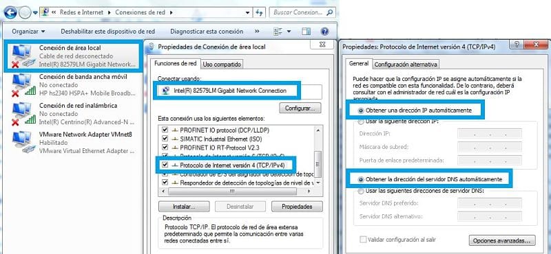 TIA Portal comunicación PLC seleccionar IP y DNS automática en Windows