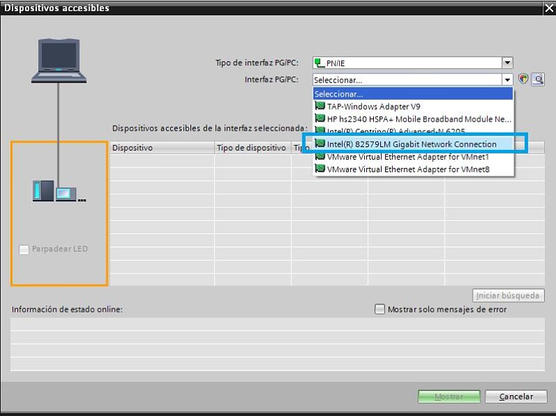 TIA Portal comunicación PLC seleccionar tarjeta de red disponible