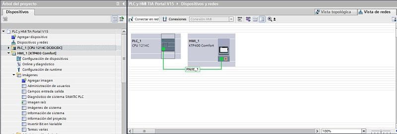 Vista de redes en proyecto TIA Portal para ver comunicación PLC y HMI