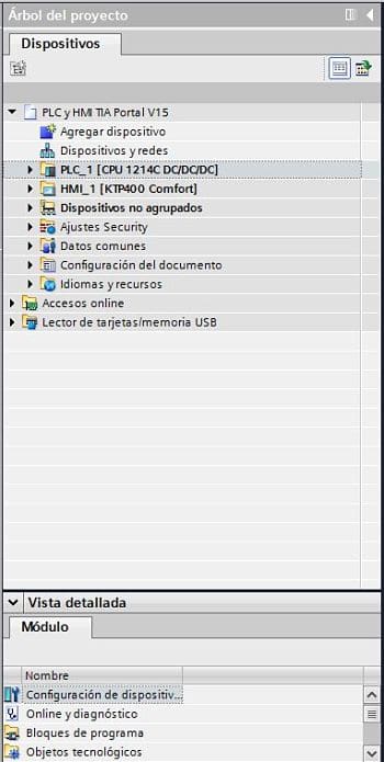 Árbol de proyecto en TIA Portal con dispositivos y bloques