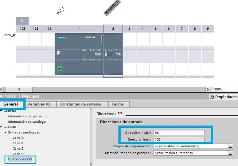 Asignar direcciones a las entradas del módulo RTD para medir temperatura en PLC TIA Portal