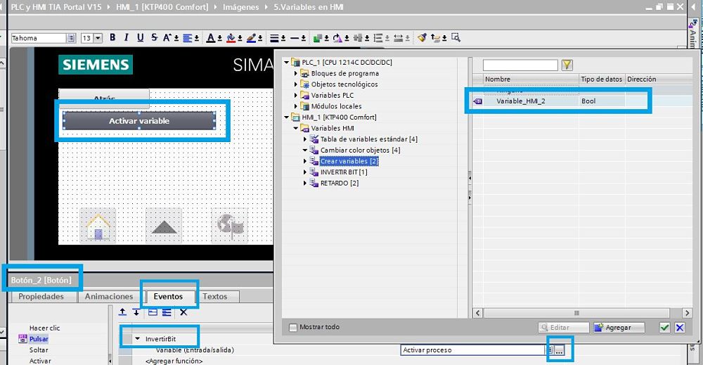 Asignar variables HMI TIA Portal internas a un evento en un botón