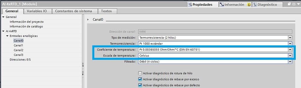 Coeficiente y grados celsius para propiedades y medir temperatura en PLC