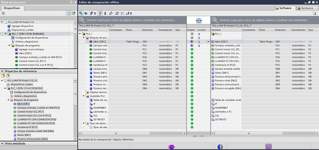 Comparar proyecto TIA Portal mostrando las diferencias entre ambos proyectos