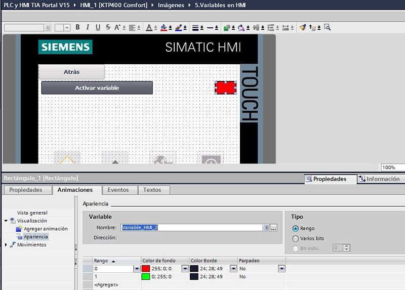 Crear animación para cambiar de color cuando se activa la variable interna en TIA Portal