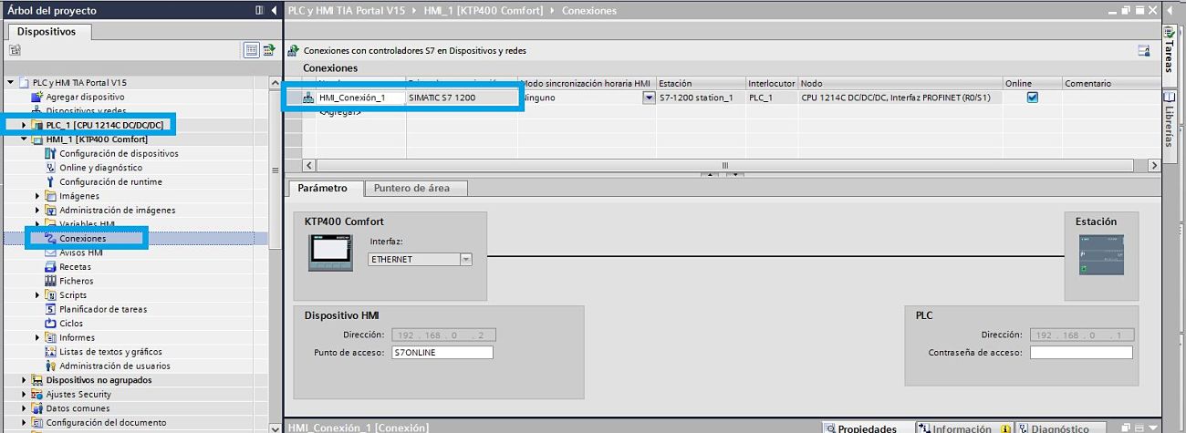 Crear una conexión entre el PLC y la HMI en el proyecto TIA Portal