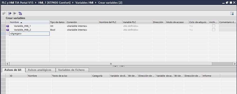 Crear variables HMI TIA Portal de tipo variable interna