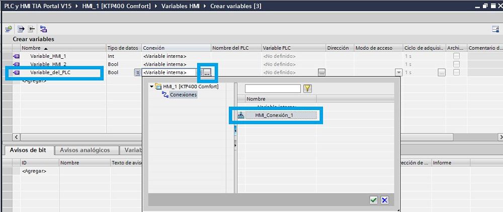 Crear variables HMI TIA Portal seleccionando la conexión con el PLC