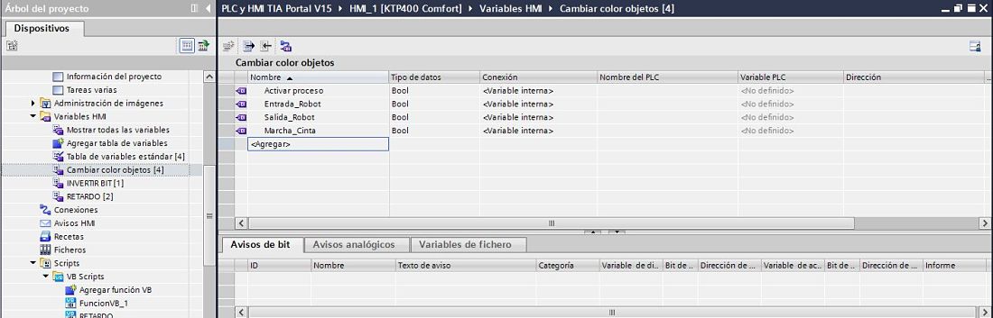 Crear variables internas de la HMI para simular los procesos de cambio de color