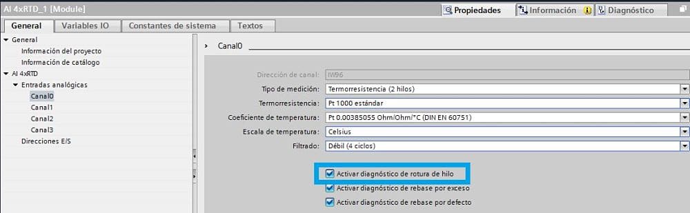 Diagnóstico de rotura de hilo para el canal de entrada de la RTD en TIA Portal