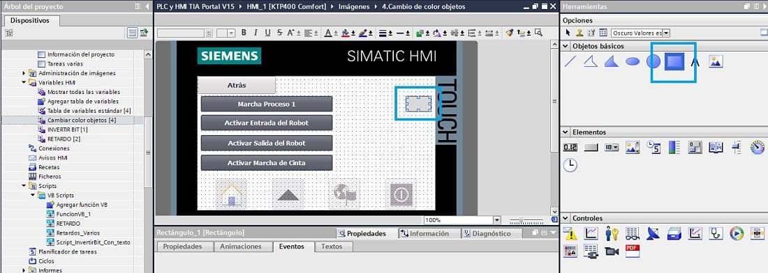 Insertar rectángulo para cambiar color objeto TIA Portal