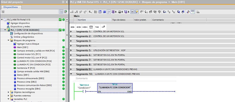 Llamar en el MAIN a un FC TIA Portal variables declaradas previamente