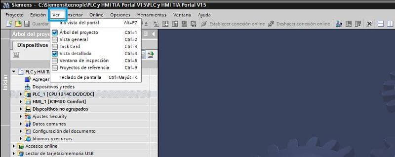 Menú Ver en el proyecto TIA Portal con varias opciones