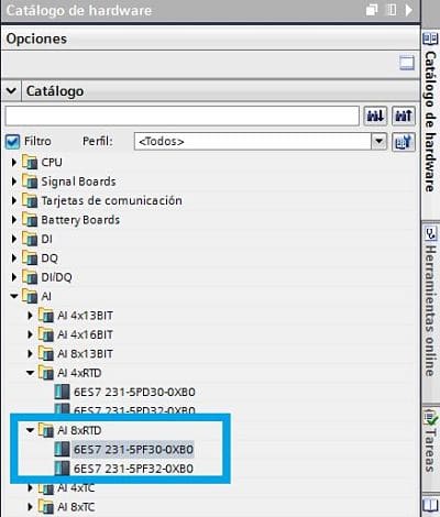 Puedes elegir un módulo RTD para controlar 8 sondas de temperatura en TIA Portal