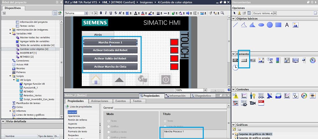 Seleccionar botones para activar y desactivar variables del proceso en TIA Portal