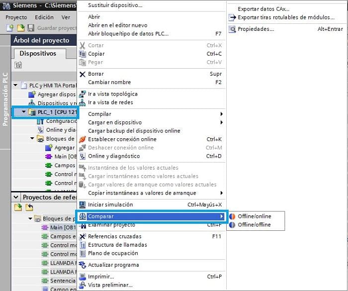 Seleccionar la comparación del proyecto desde el PLC del proyecto original