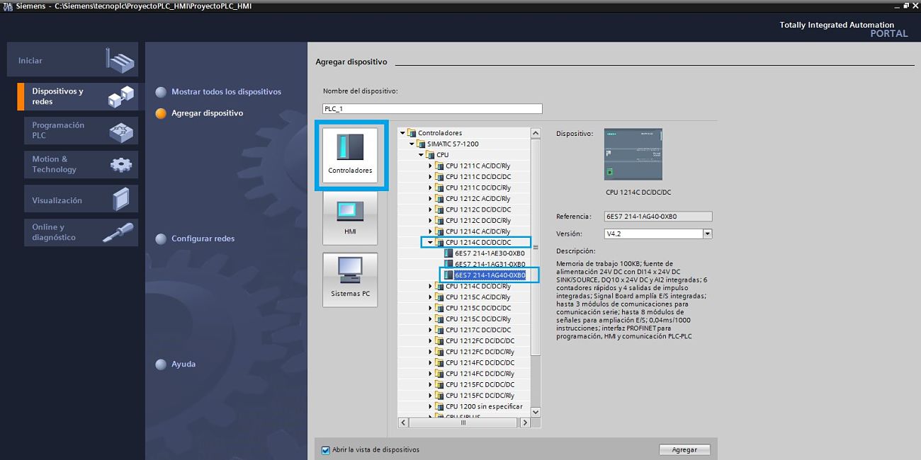 Seleccionar la CPU para proyecto TIA Portal PLC HMI integrados