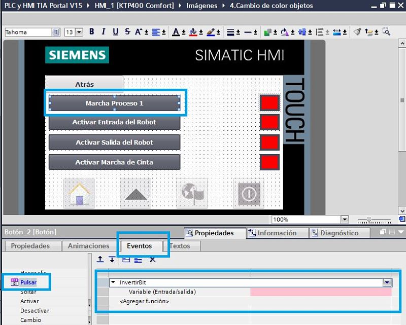 Seleccionar la función de Invertir bit para poder cambiar color objeto TIA Portal