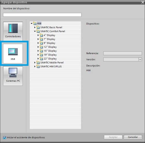 Seleccionar la opción HMI para escoger dispositivo en TIA Portal PLC HMI