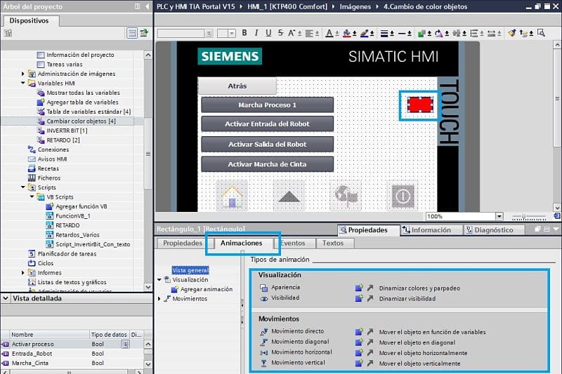 Seleccionar la pestaña de animaciones del rectángulo en TIA Portal