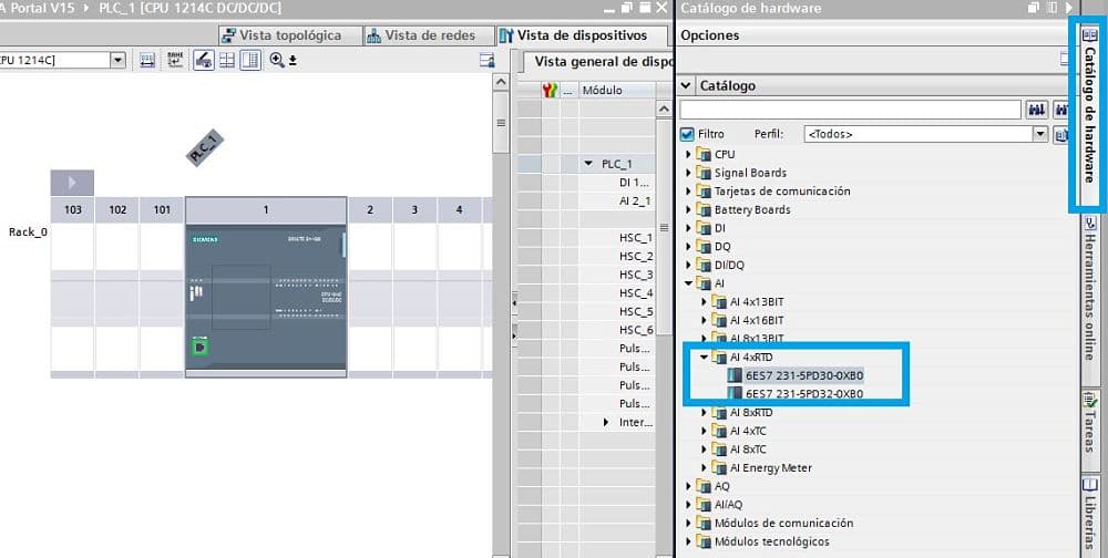 Seleccionar módulo RTD en Hardware para medir temperatura en PLC de termorresistencias